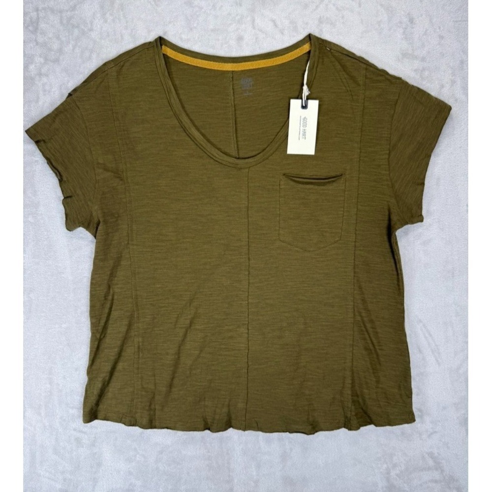 Good Hart Olive Green Slub Pocket Tee Medium Boho‎ Coastal Lagenlook Cotton Top